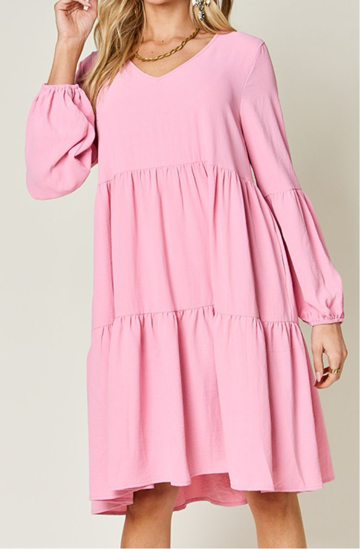 Emily V-Neck Balloon Sleeve Tiered Dress with Pockets