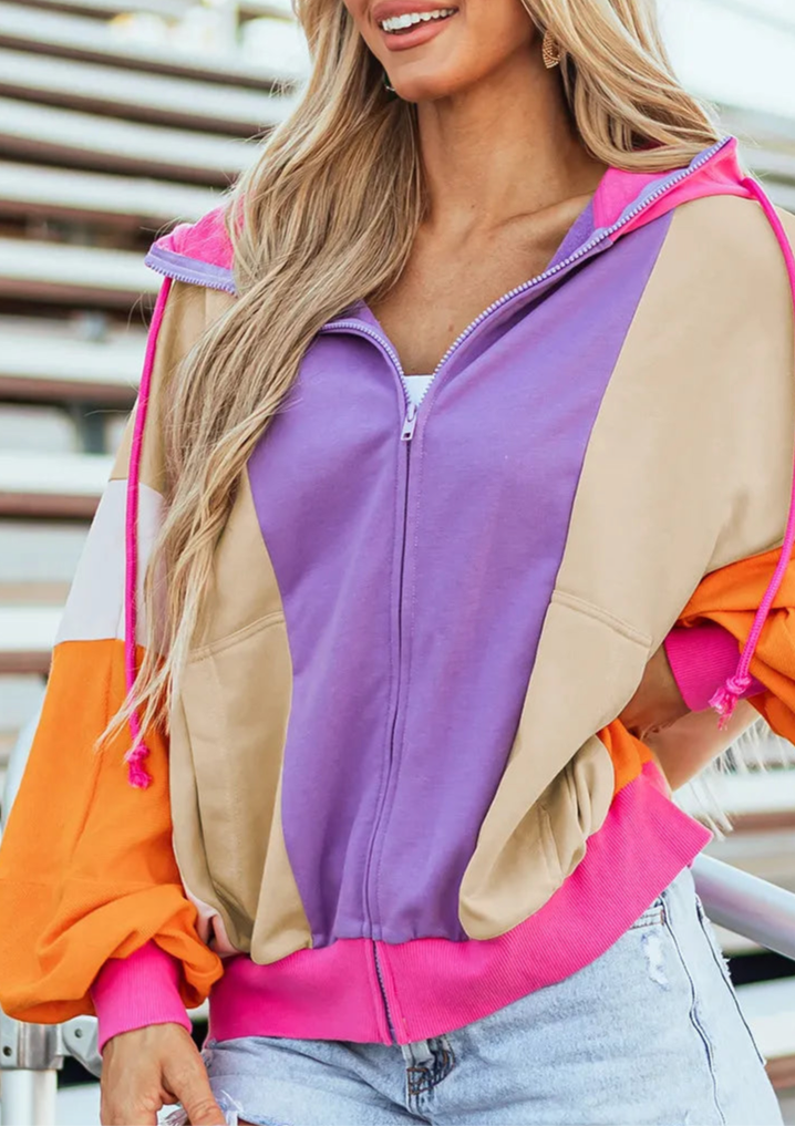 Kendra Color Block Zip Up Hoodie