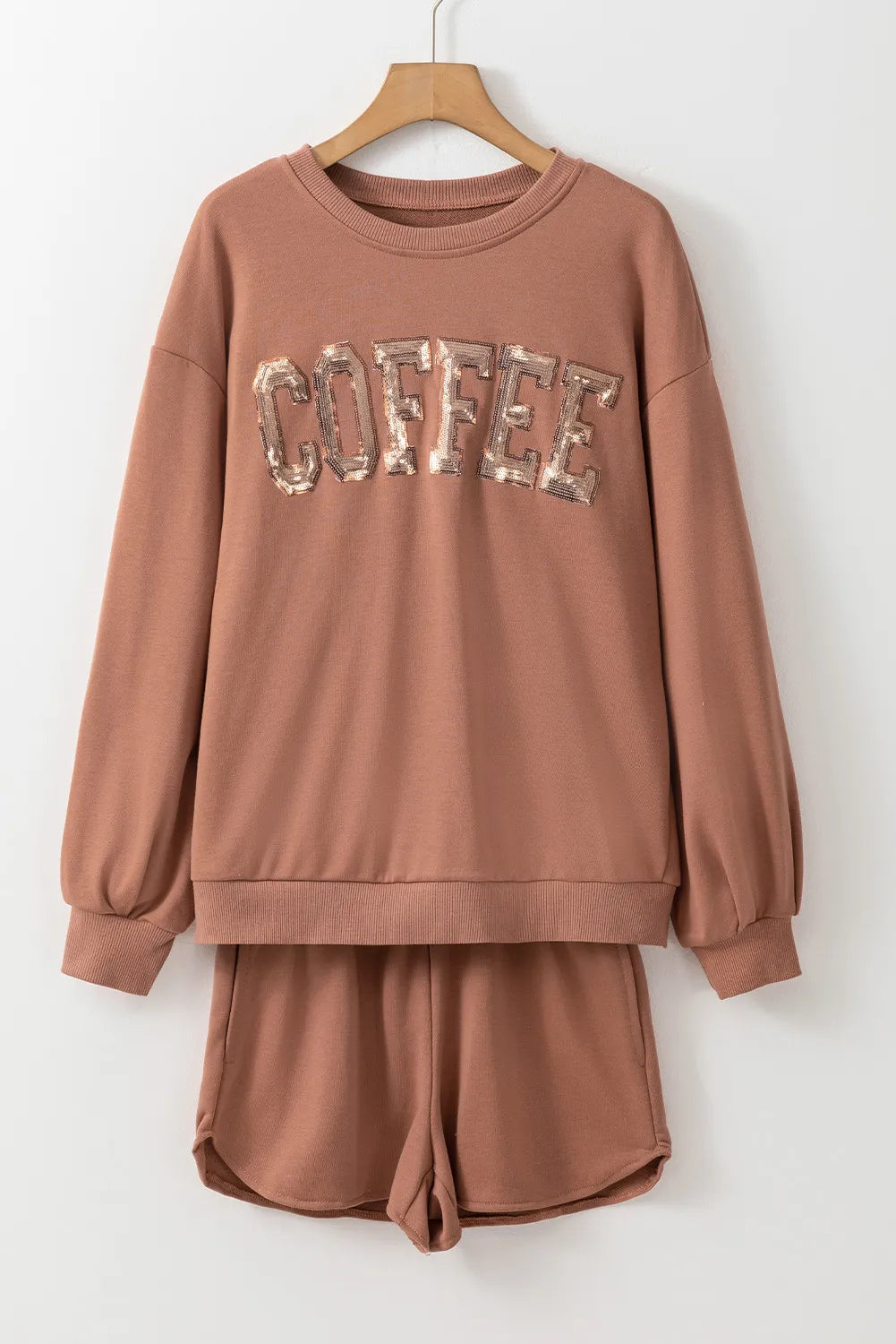 COFFEE Sequin Long Sleeve Top and Shorts Set