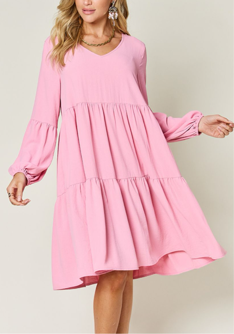 Emily V-Neck Balloon Sleeve Tiered Dress with Pockets