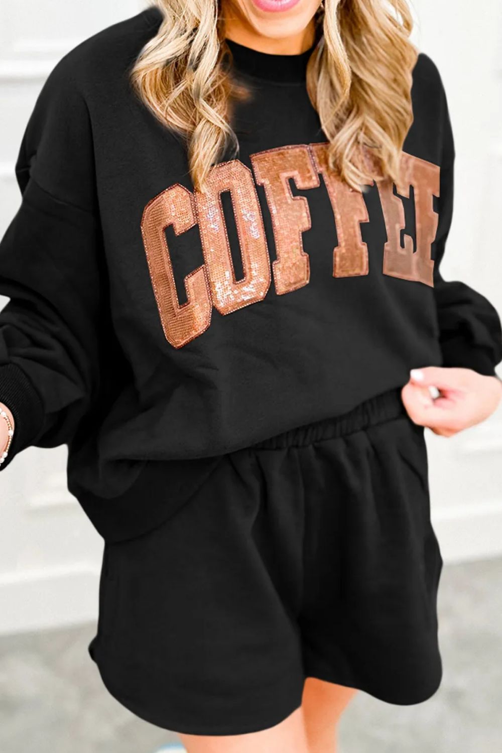 COFFEE Sequin Long Sleeve Top and Shorts Set