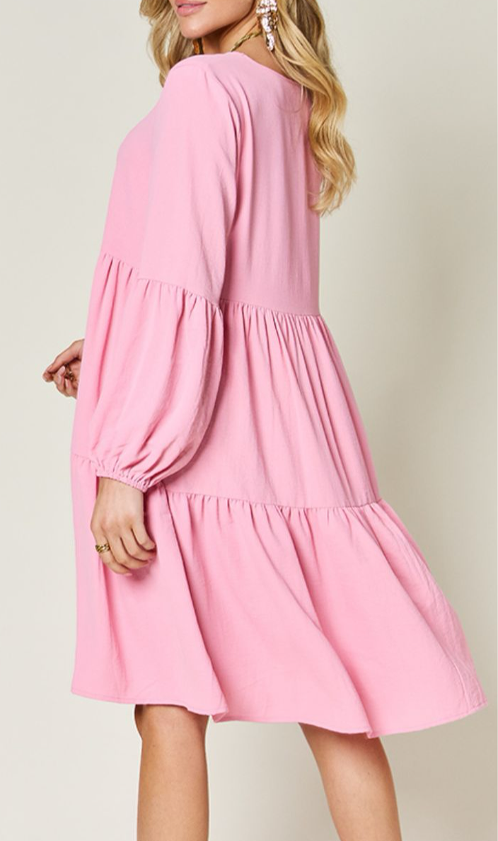 Emily V-Neck Balloon Sleeve Tiered Dress with Pockets