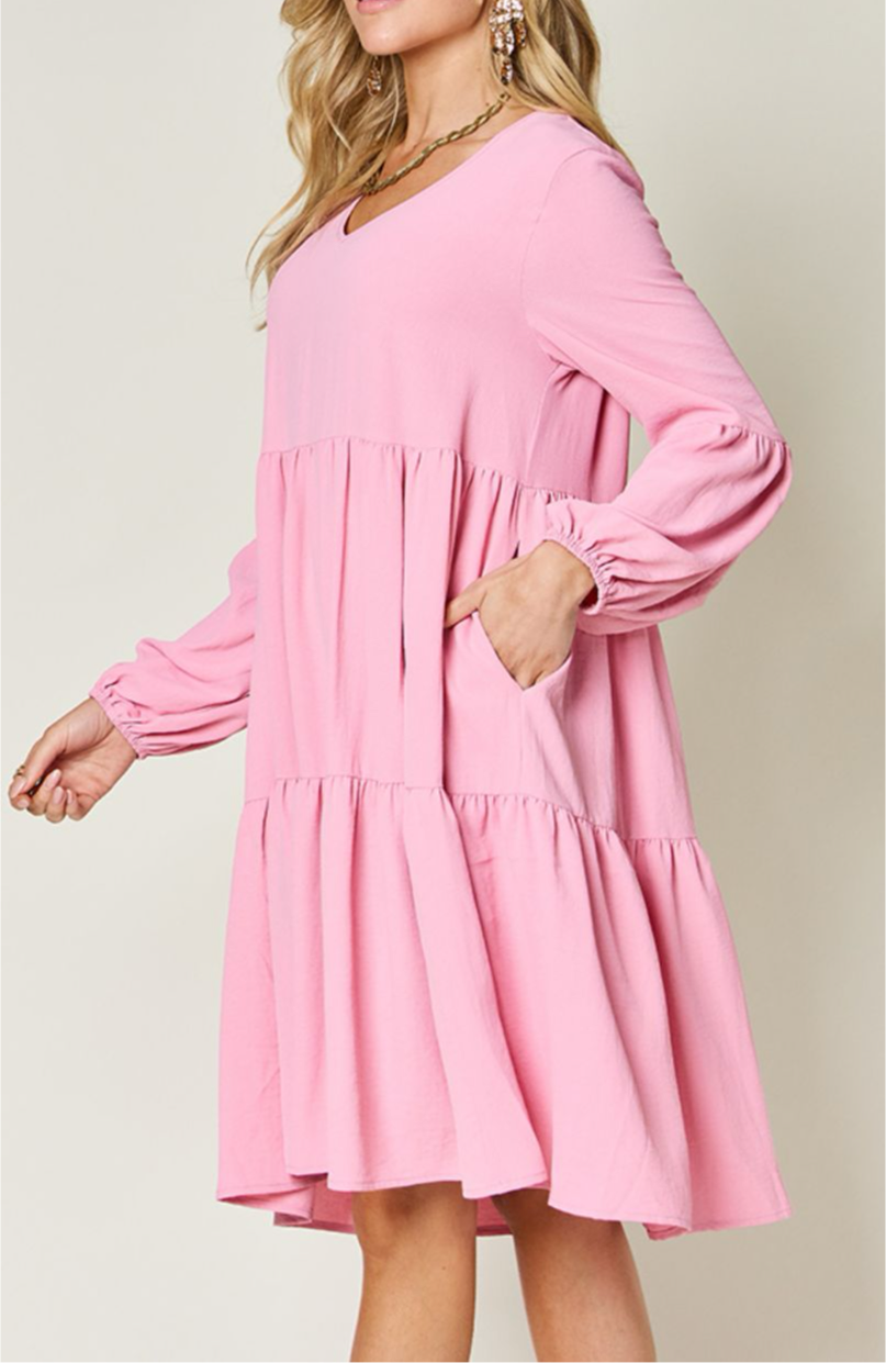 Emily V-Neck Balloon Sleeve Tiered Dress with Pockets