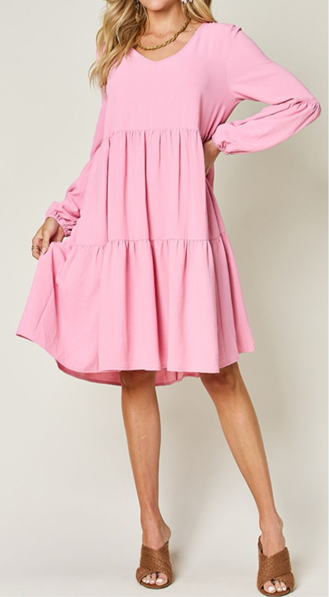 Emily V-Neck Balloon Sleeve Tiered Dress with Pockets