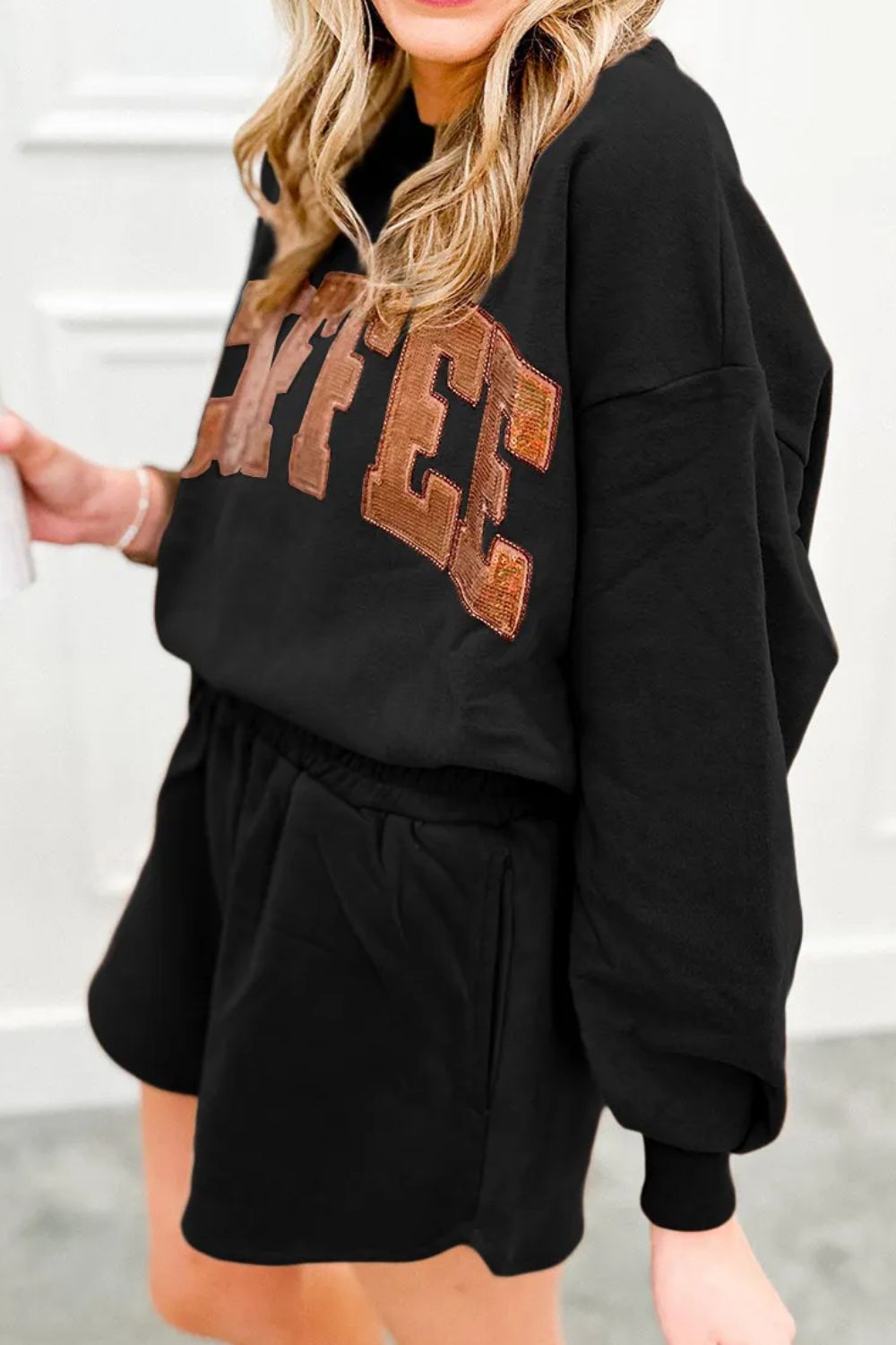 COFFEE Sequin Long Sleeve Top and Shorts Set